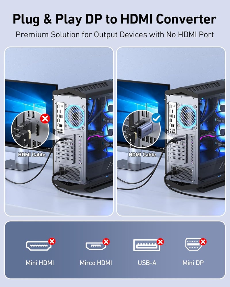 Benfei محول DisplayPort 4K إلى HDMI حزمة 2، أحادي الاتجاه DP 1.2 كمبيوتر إلى شاشة HDMI 1.4 محول ذكر إلى أنثى - متوافق مع اللابتوب، الكمبيوتر المكتبي، الشاشة، HDTV، رسومات AMD/NVIDIA - Image 2